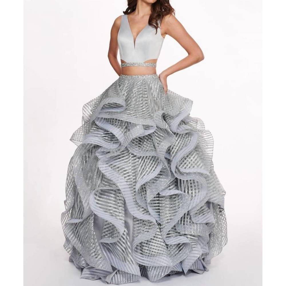 NEW RACHEL ALLAN two-piece matte satin ruffled gown in silver